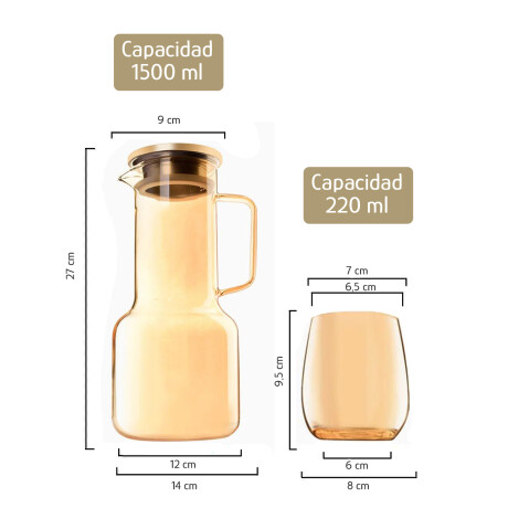 Set Jarra Vidrio + 6 Vasos Bebidas Frias Brunch ámbar
