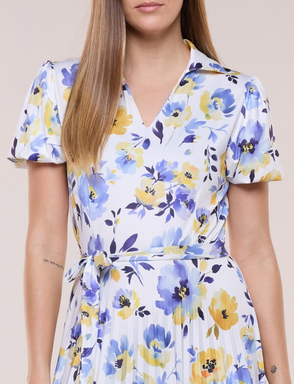 Vestido Midi Estampado Floral Con Lazo BLANCO/MULTI