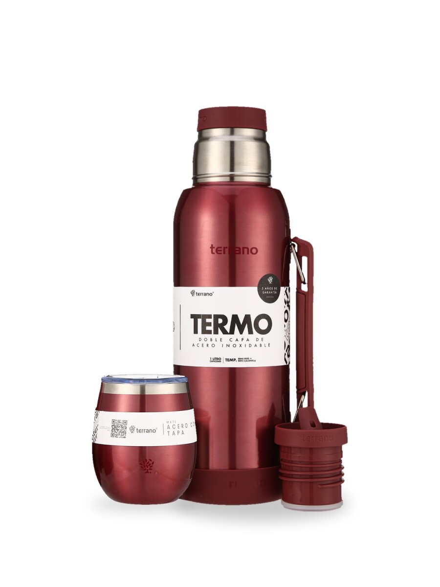 Kit Metalizado Termo 1LT Con Base De Silicona + Mate De Acero Con Tapa - Rojo 