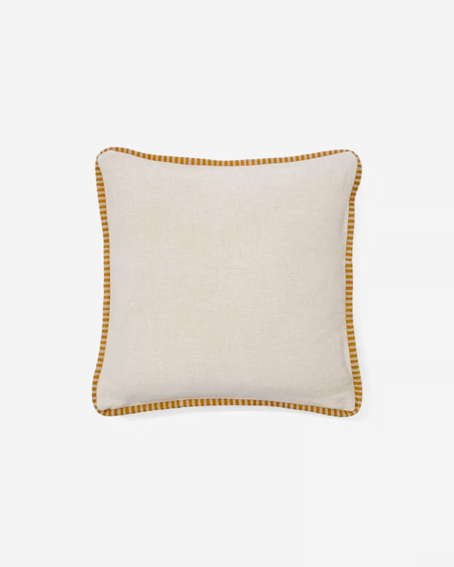 Almohadón Ardit de lino y algodón beige con raya bordada a contraste mostaza 45x45 cm