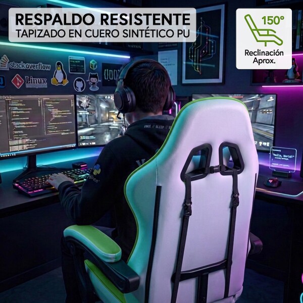 Silla Gamer Ergonomica Escritorio Reclinable con Apoyapies Soporta 200kg IMBACK Color Blanco y Verde Silla Gamer Ergonomica Escritorio Reclinable con Apoyapies Soporta 200kg IMBACK Color Blanco y Verde