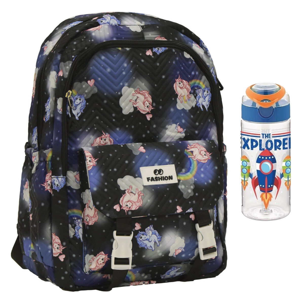 Set Mochila Infantil Escolar con Bolsillos + Botella 670ML - Negro 