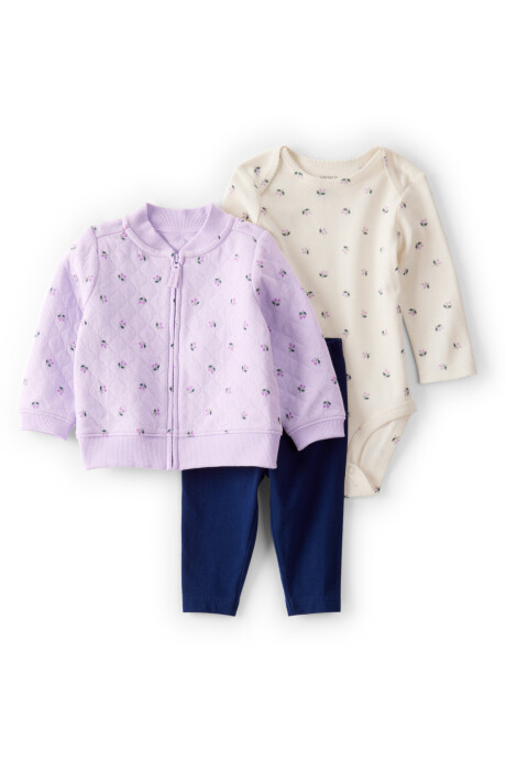 Set tres piezas de algodón, campera capitoneada, pantalón y body, diseño floral Sin color