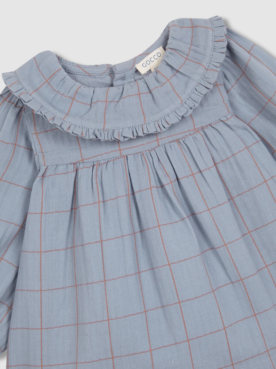 Vestido De Cuadros Con Cuello Volante Azul Viejo