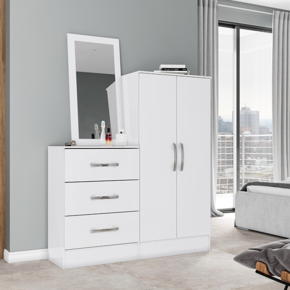CÓMODA GUARDARROPA ESTANTERÍA 3 CAJONES 2 PUERTAS CON ESPEJO BLANCO