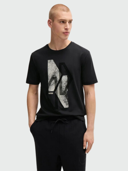 BOSS Camiseta de Algodón Interlock con Arte Estacional Negro
