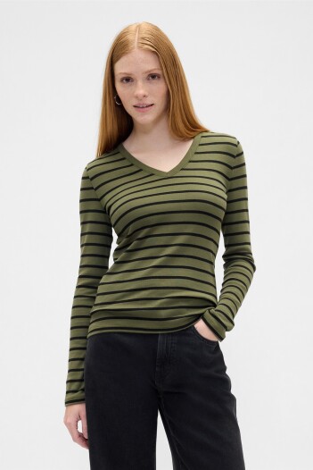 Remera A Rayas Cuello V Mujer Olive Black Stripe