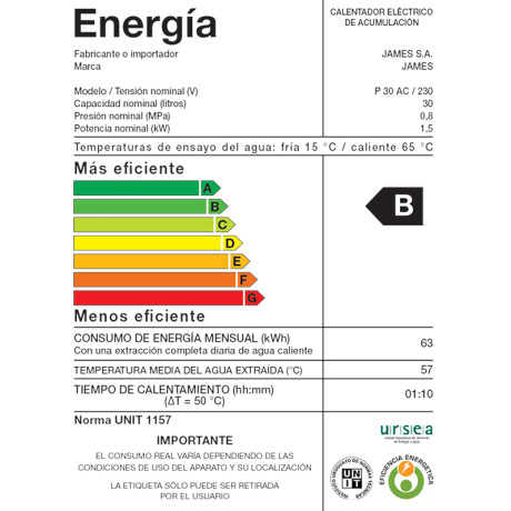 Termotanque JAMES 30Lts Acero