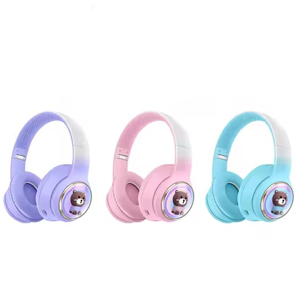 Auriculares Vincha Bluetooth Inalambricos Luces Microfono Variante Diseño Oso Rosa