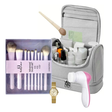 Set Reloj + Brochas Maquillaje + Neceser + Spa Facial 5en1 Dorado