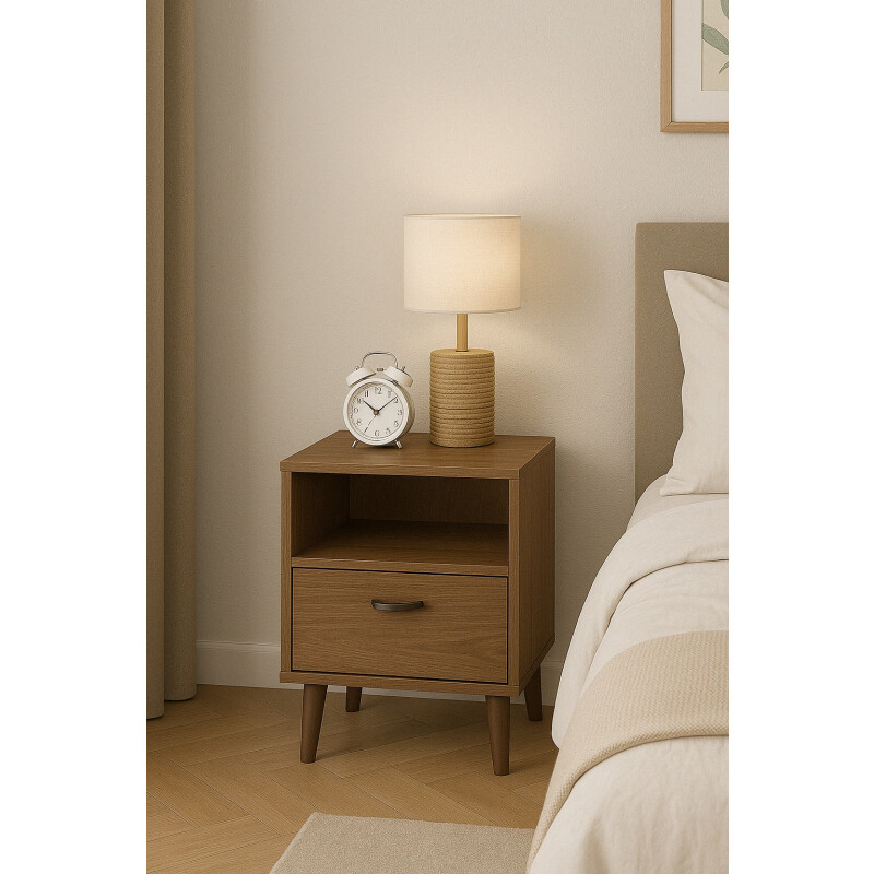 Mesa De Luz Nordica Retro Dormitorio 1 Estantes 1 Cajon Pro Marrón