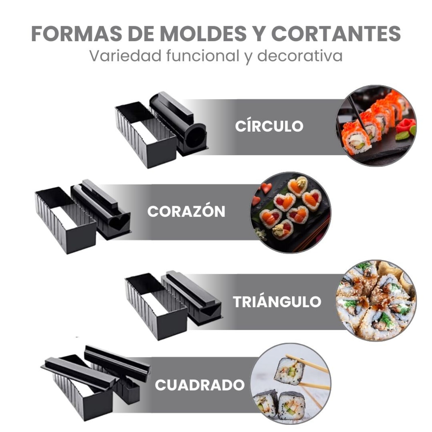 Kit Para Hacer Sushi 12 Piezas - Incluye Moldes, Cuchillo, Espátula Y 50 Recetas - Ideal Para Principiantes - Material Sin BPA
