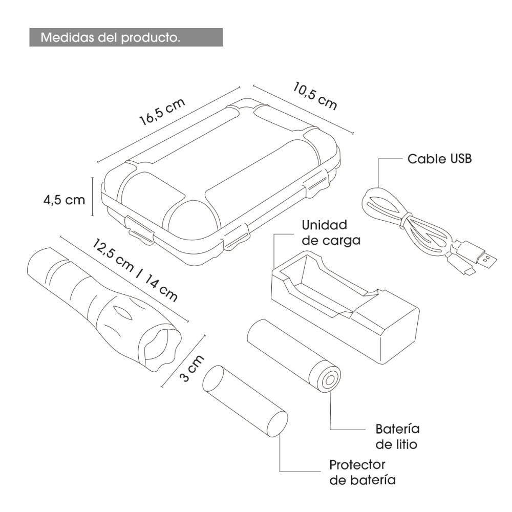 Linterna Led Tactica Recargable 1000 Lumens + Pila + Estuche Linterna Led Tactica Recargable 1000 Lumens + Pila + Estuche