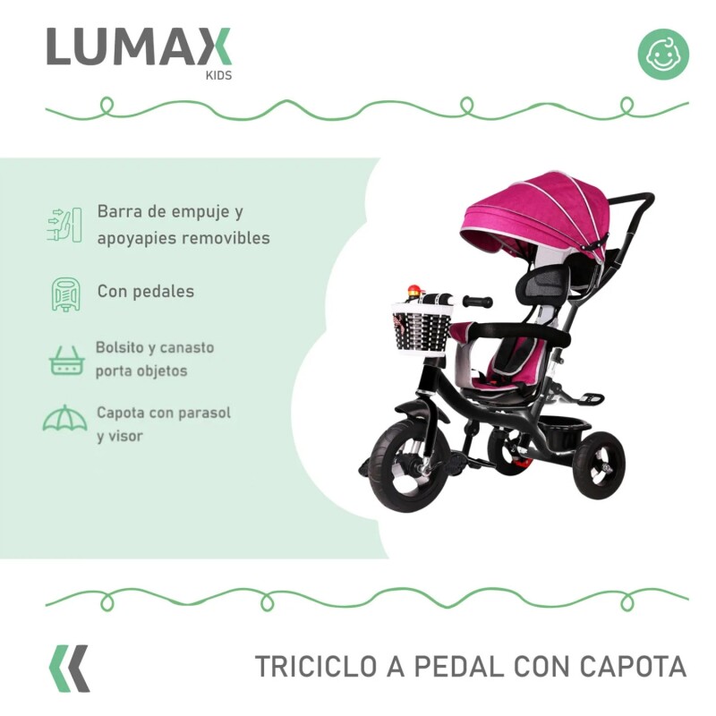 Coche Triciclo a Pedal C/Guía y Capota giratorio 360 Rojo