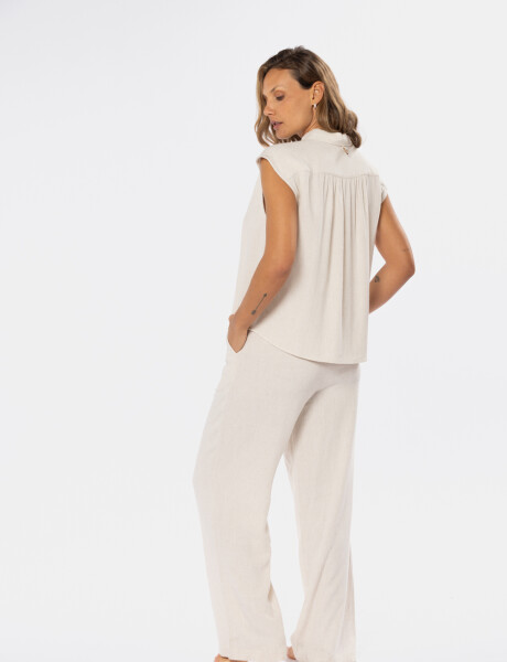 PANTALÓN DE LINO CON MEDIA CINTURA ELASTIZADA Beige
