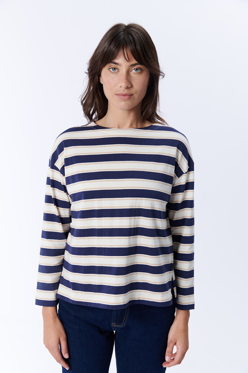 Remera Manga Larga Rayas Crudo Y Azul Marino