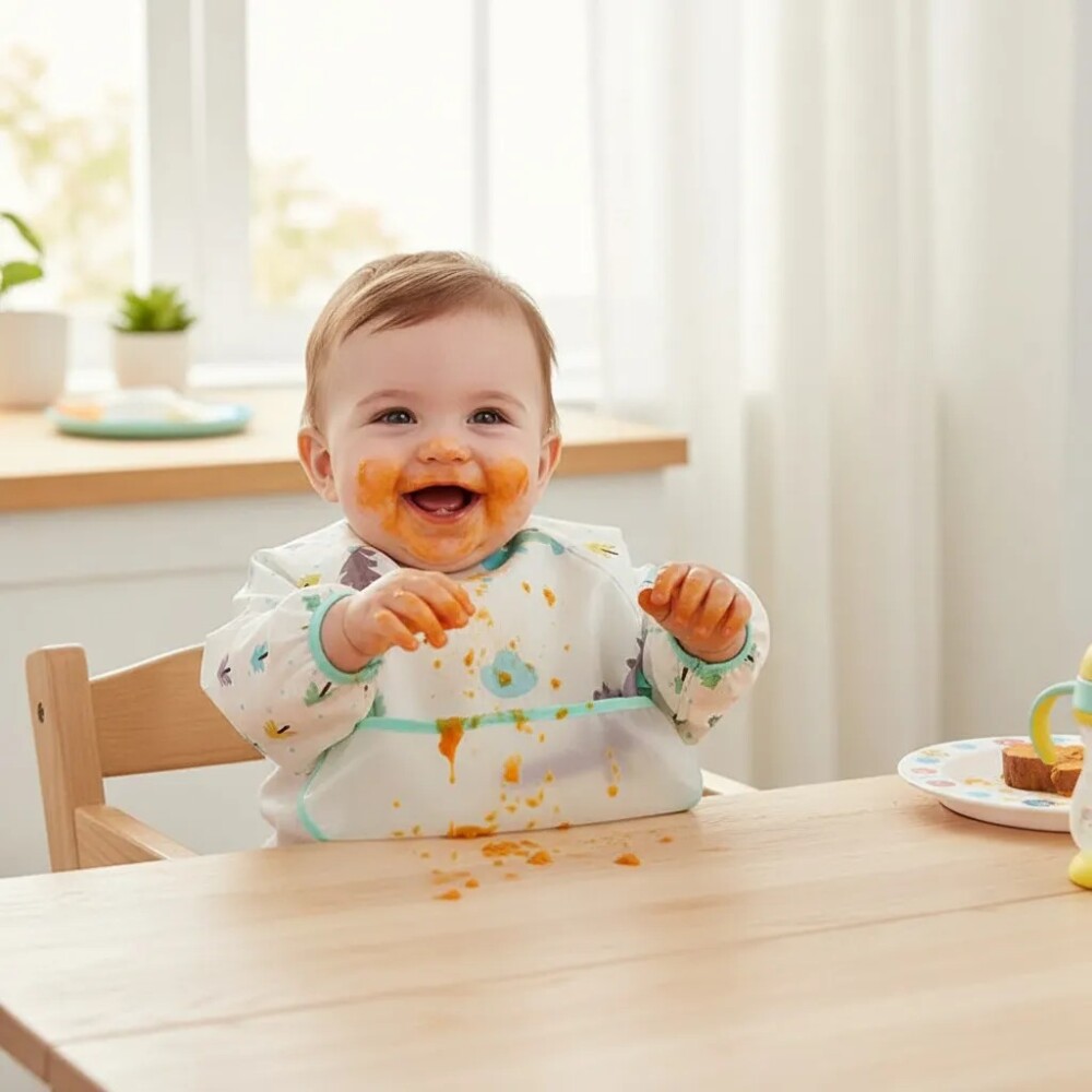 Babero con manga Little Ones dino blanco verde agua