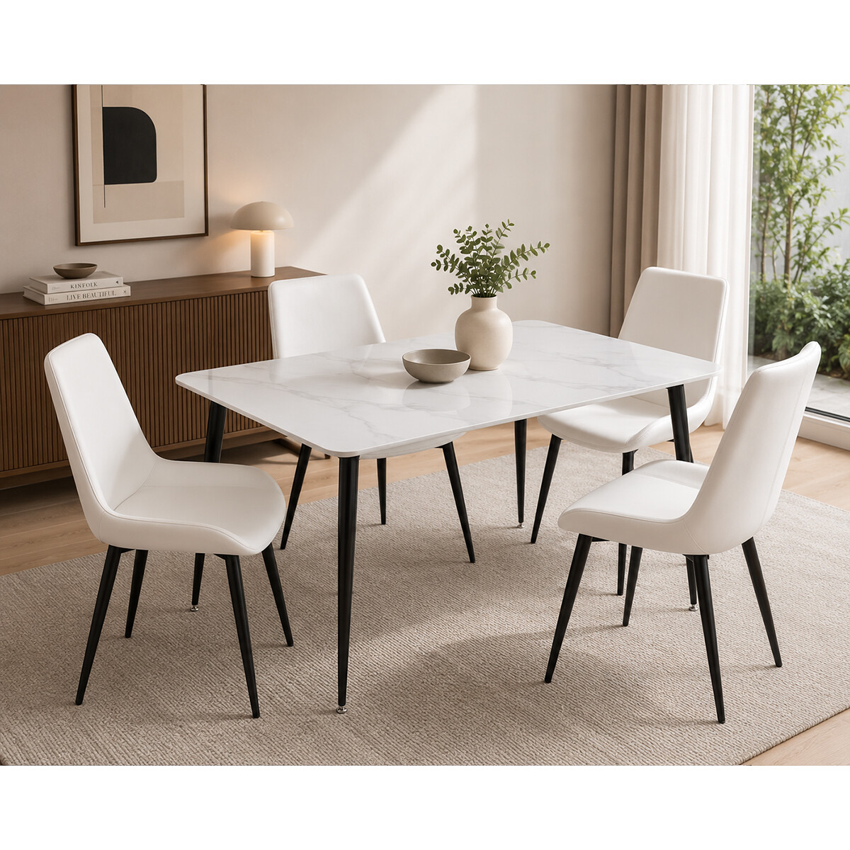 Juego De Comedor Mesa vidrio Símil Mármol + 4 Sillas Ecocuero - Mesa blanca + 4 sillas blancas 