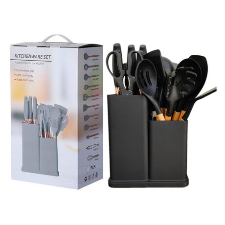 Set Cocina Menage 19Pz Utensillos Cuchillos Tabla c/Soporte Negro