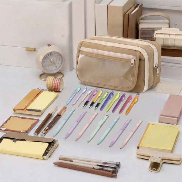 Cartuchera Organizador Escolar Grande Triple Cierre Bolsillo Color Beige