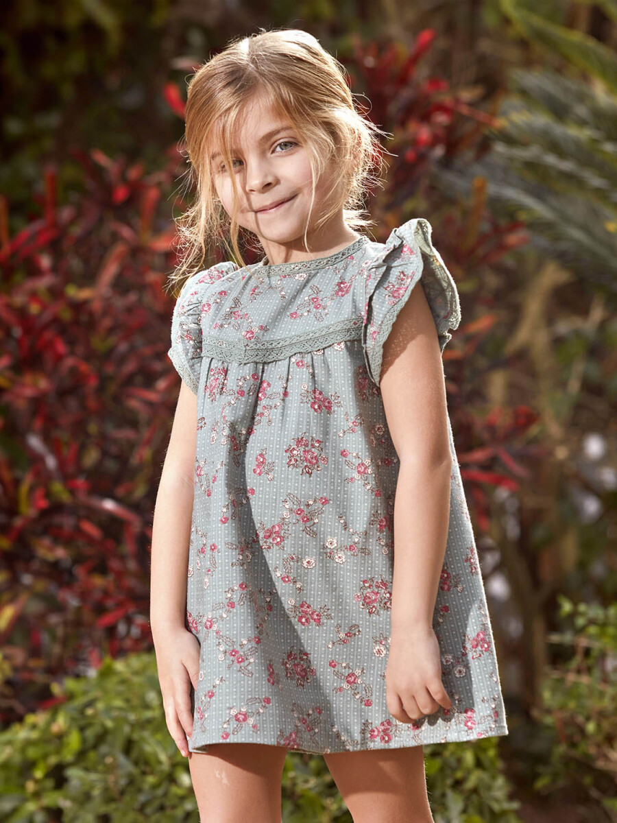 Vestido Estampado De Flores Con Tiras Bordadas Verde