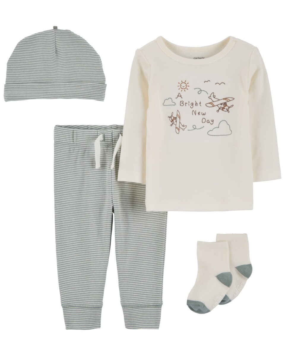 Set cuatro piezas de algodón, pantalón, remera, medias y gorro, diseño aviones 