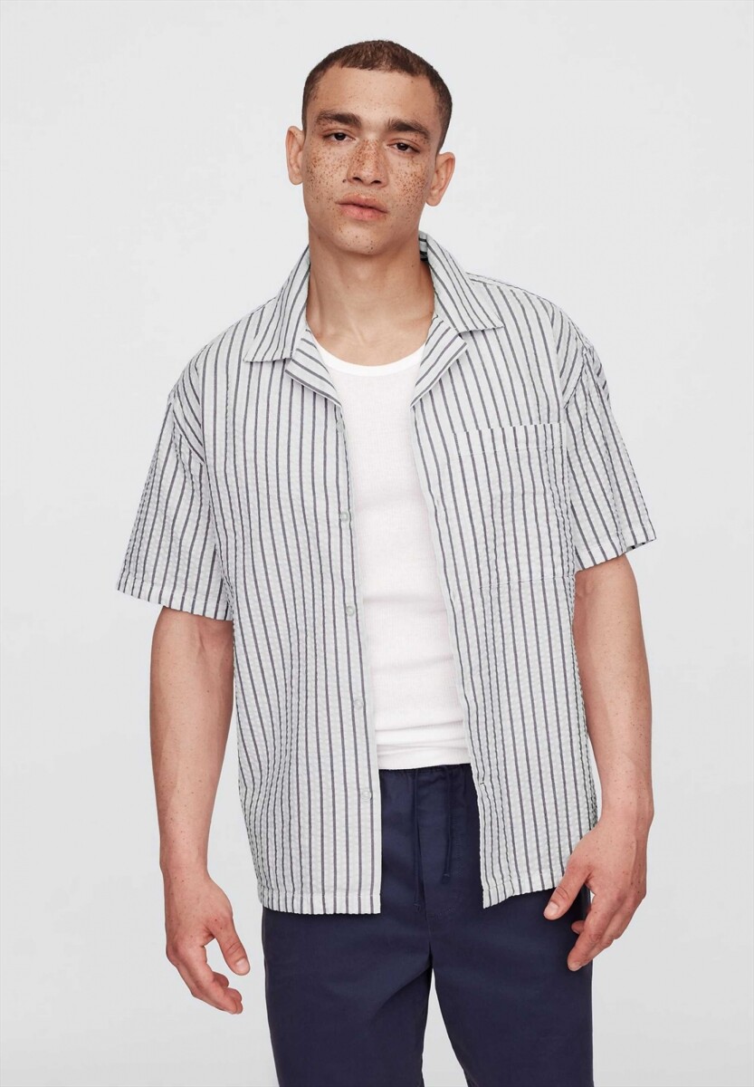 Camisa Manga Cora Seersucker Hombre - White Navy Stripe 
