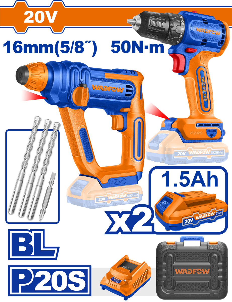 COMBO TALADRO A BATERIA BRUSHLESS + ROTOMARTILLO A BATERIA 20V P20S C/2 BAT WOS 