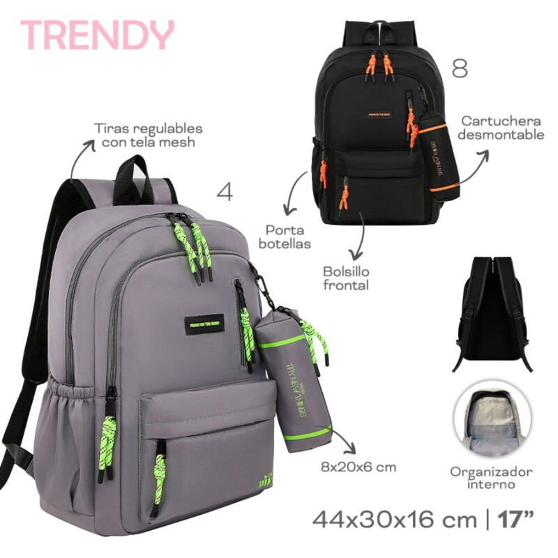 Mochila Trendy Focus On The Good con cartuchera Gris