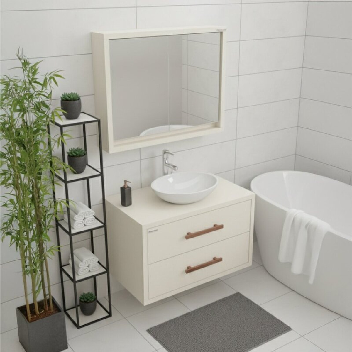 Mueble de Baño Suspendido Lorena (70cm) C/ Botiquín Espejo y Bacha de Marmolina | Diseño Contemporáneo Beige 