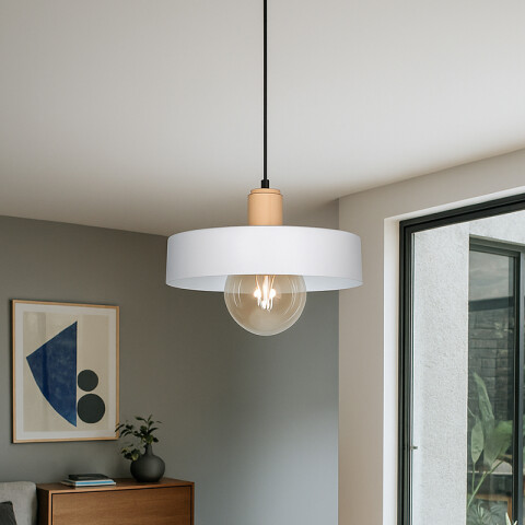 Colgante pantalla metal blanco y madera E27 Ø300mm JU0386