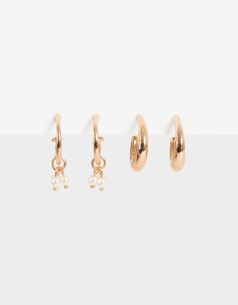 Aros Argollas Set Perlas Set De 2 Pares De Argollas De Metal Con Perla Bañado En Oro - Dorado