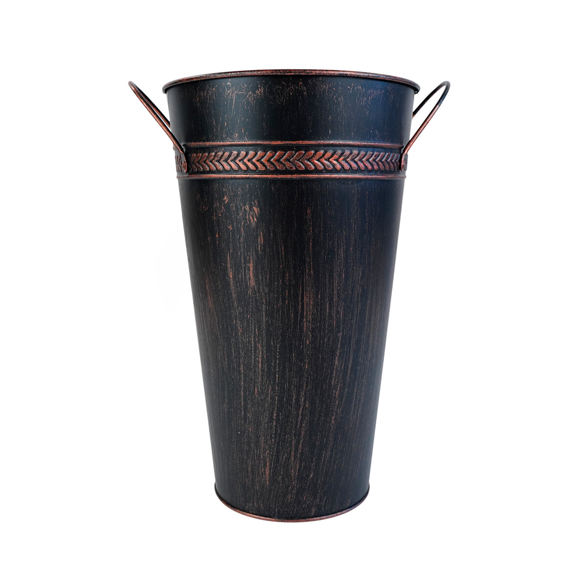 Maceta de metal marron con asas 