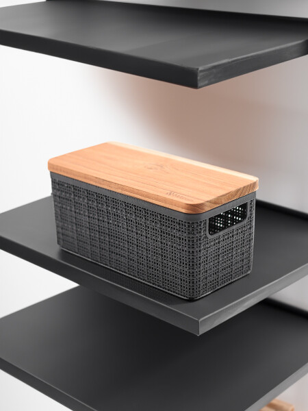 CESTA PLÁSTICA YUTE CON TAPA MADERA NEGRO