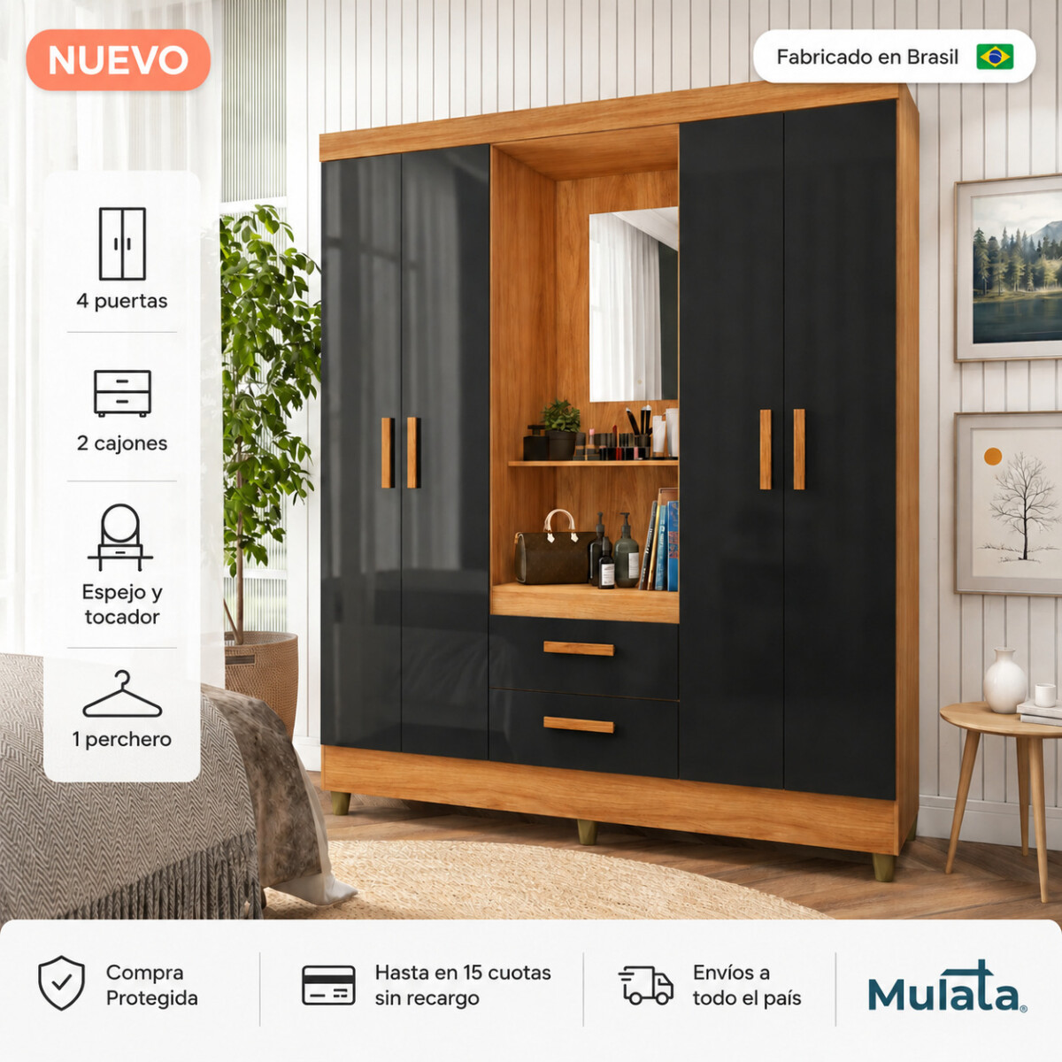Ropero Vetro 4 Puertas 2 Cajones con Espejo, Perchero y Tocador 150cm MDP - Cinamomo Negro 