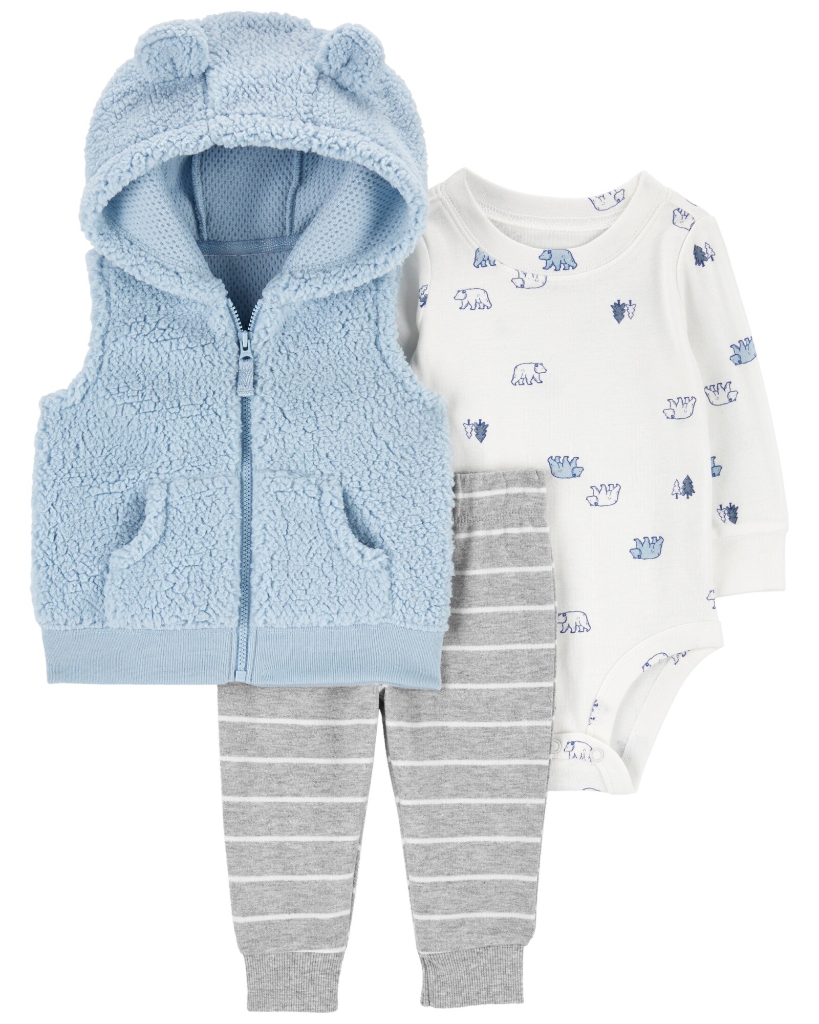Set tres piezas, chaleco de sherpa, pantalón y body de algodón, diseño osos Sin color