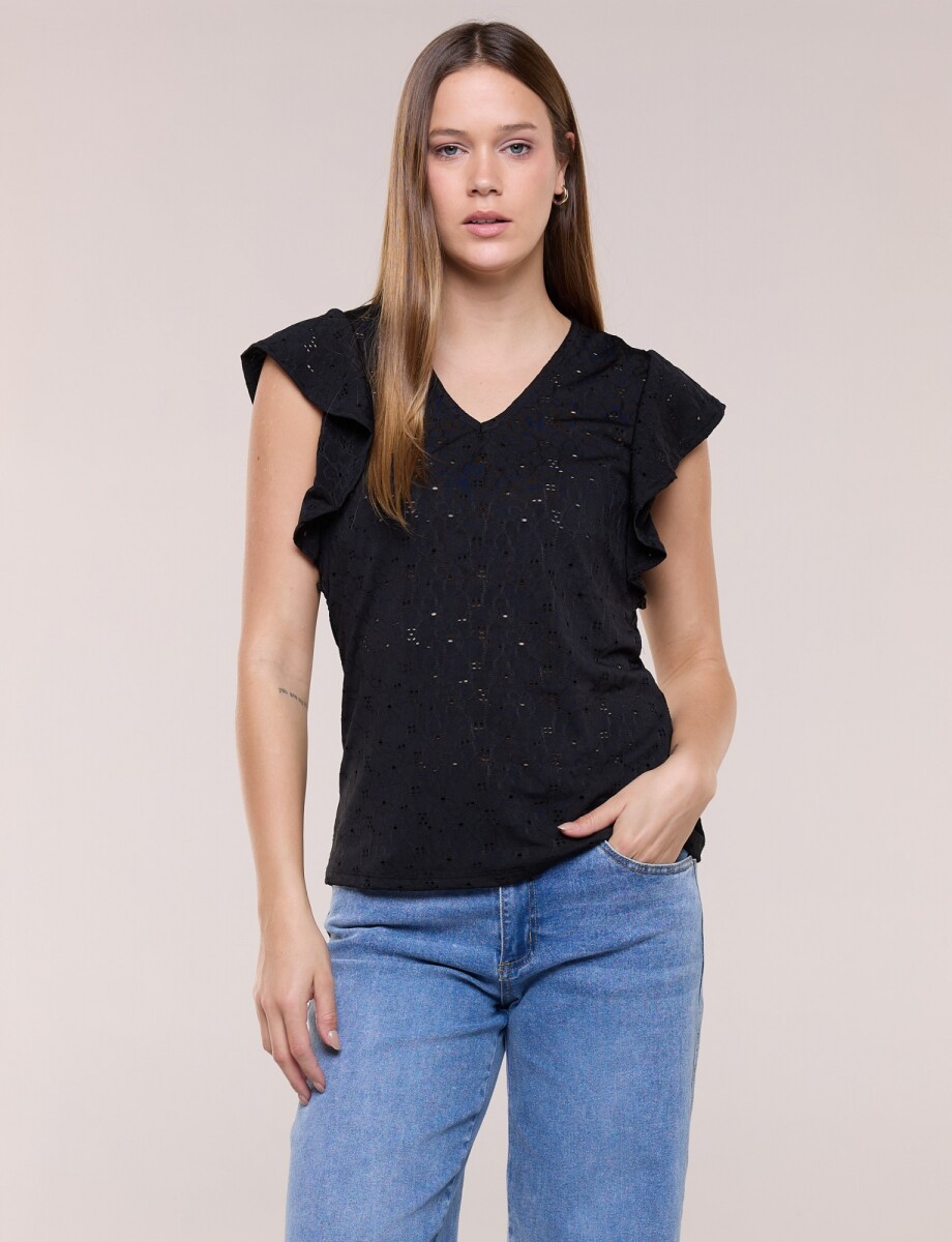 Blusa Broderie Manga Volado - Negro 