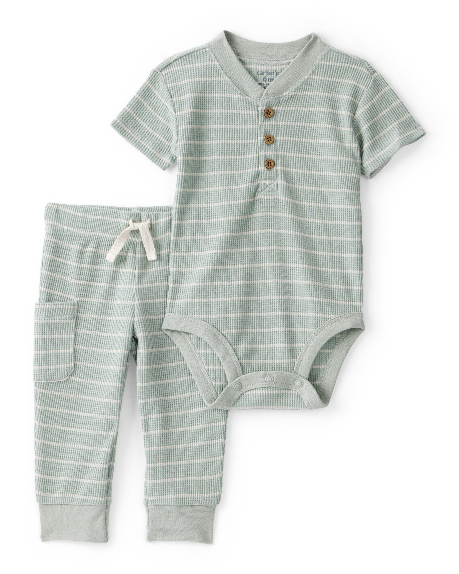 Set dos piezas de algodón térmico, pantalón y body henley, verde, diseño a rayas Sin color