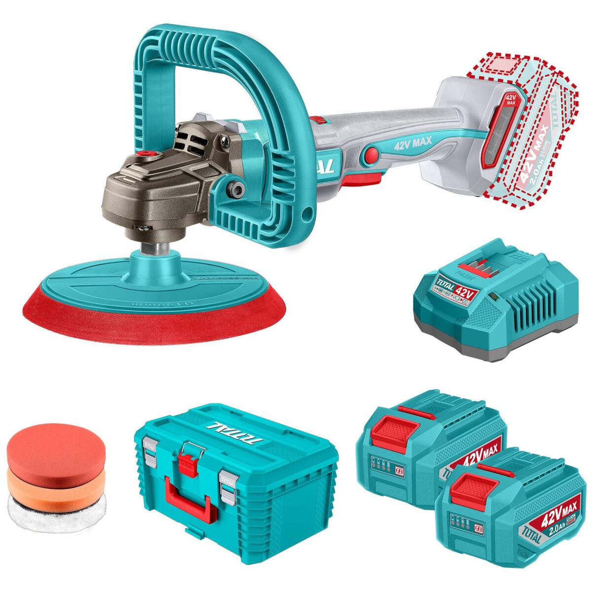 Pulidora Inalámbrica 42v 7'' 180mm Sin Carbones - 2 Baterías 2.0Ah, Cargador Y Valija 