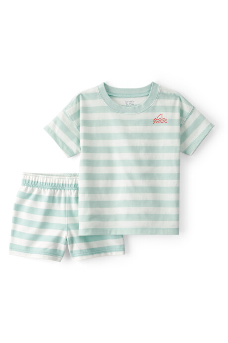 Set dos piezas de algodón, short y remera, azul y blanco, diseño a rayas Set dos piezas de algodón, short y remera, azul y blanco, diseño a rayas