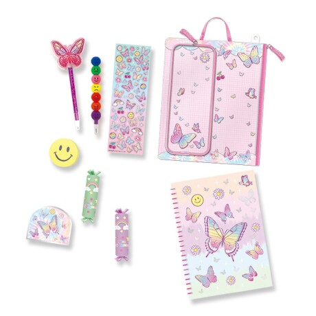 Set Papelería Arte Escolar c/Bolso Libreta Lápices Pegatinas Mariposa