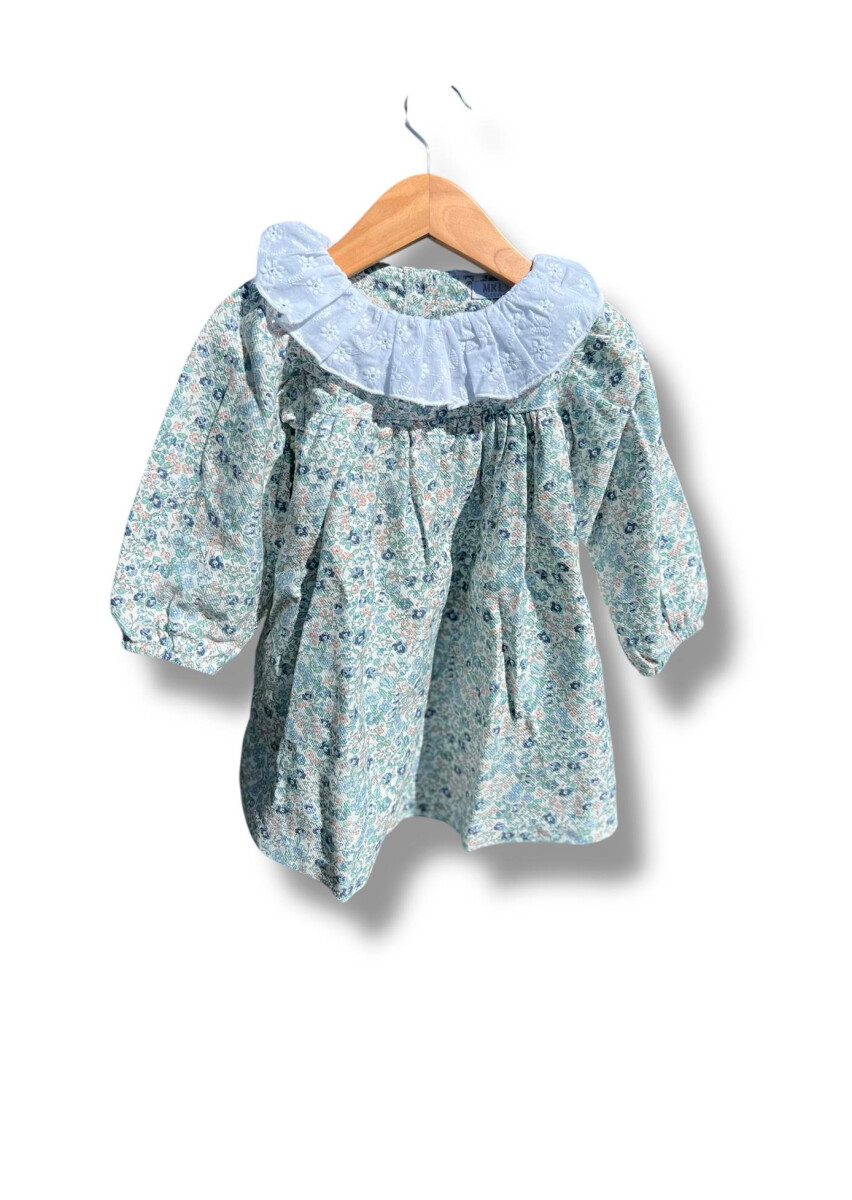 Vestido Floreado Celeste Volado Bordado 