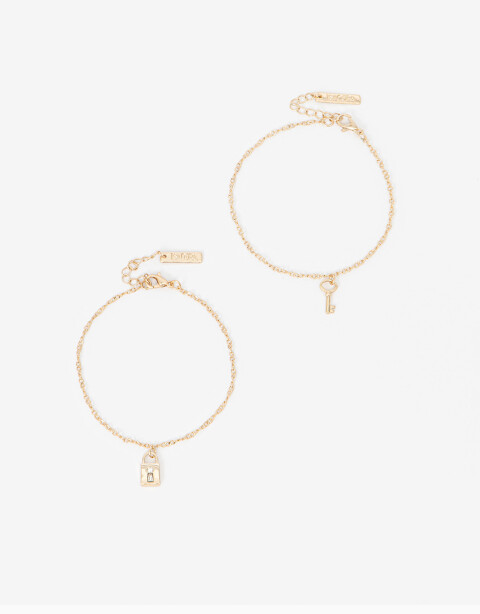 Pulseras Flexibles Sets Con Dijes Set De Pulseras Con Dije Candado Y Llave - Dorado