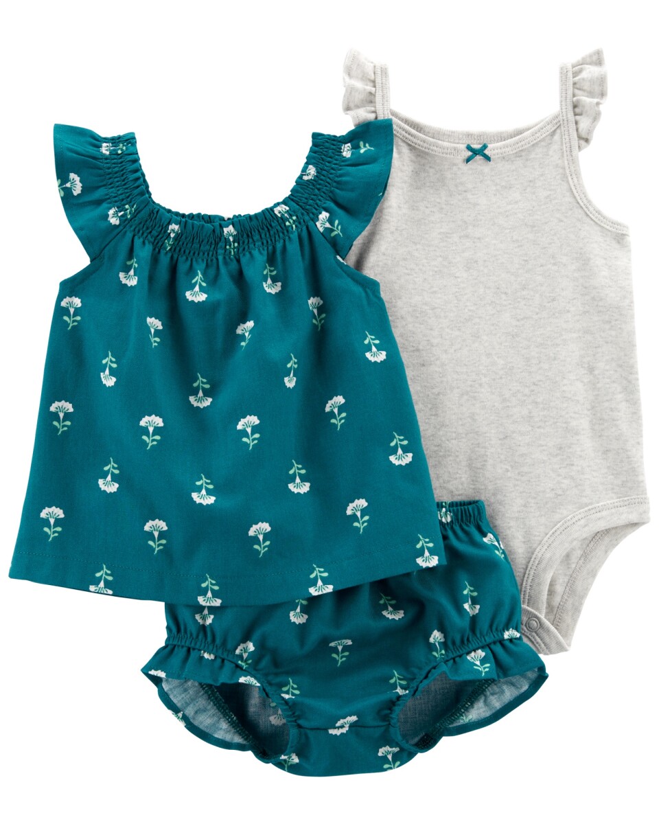 Set tres piezas de algodón, short, musculosa y body, diseño floral 
