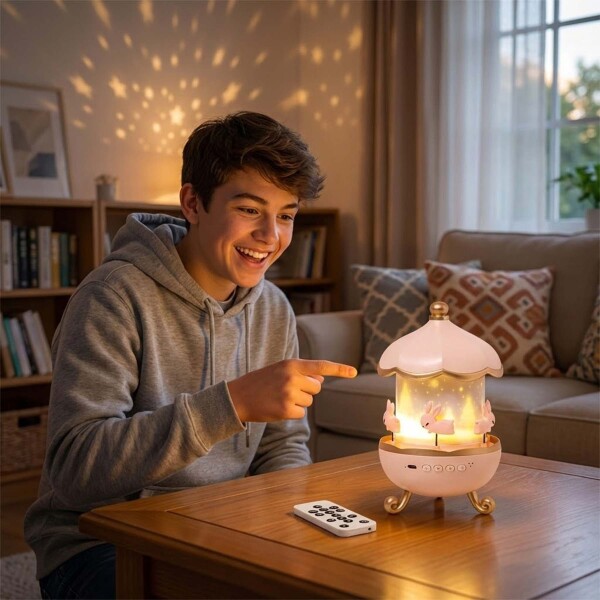 Lámpara Veladora Proyectora Conejo Recargable Control Remoto Color Rosa