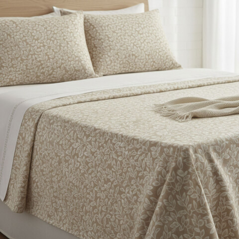 Juego Sábanas 2 Plazas Home Class Estampado 180 Hilos 100% Algodón 10-2 HOJAS BEIGE