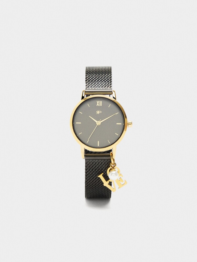 Reloj De Malla Metálica Con Charm Love negro