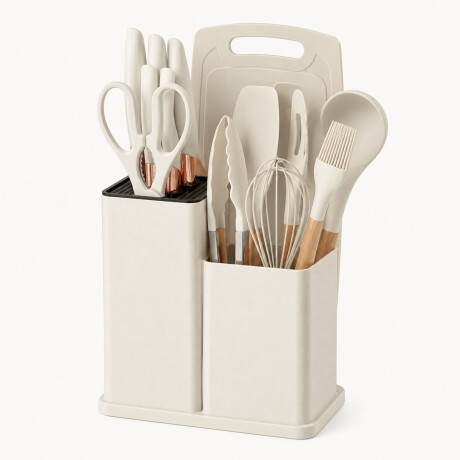 Set Cocina Menage 19Pz Utensillos Cuchillos Tabla c/Soporte Beige