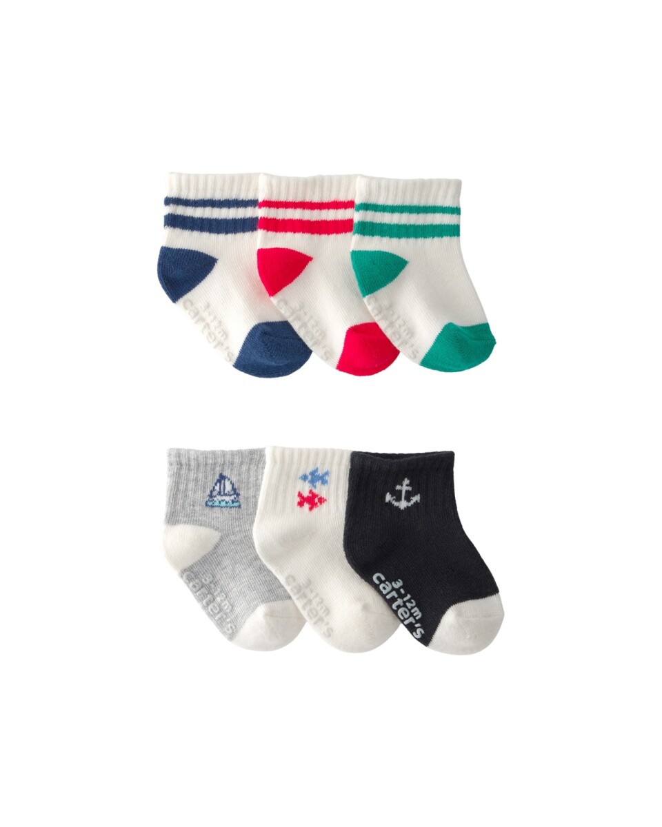Pack seis pares de medias de algodón, diseños náuticos 
