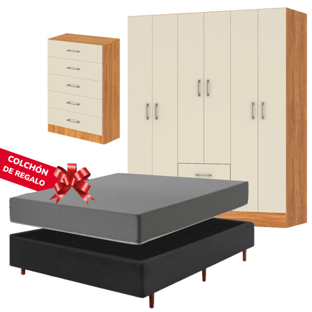 Combo dormitorio completo: Ropero + Cómoda + Base 2 plazas con colchón DE REGALO! Combo dormitorio completo: Ropero + Cómoda + Base 2 plazas con colchón DE REGALO!